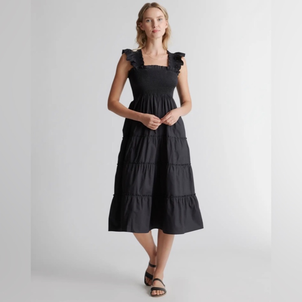 Quince Black Smocked Midi Dress with Ruffle Straps